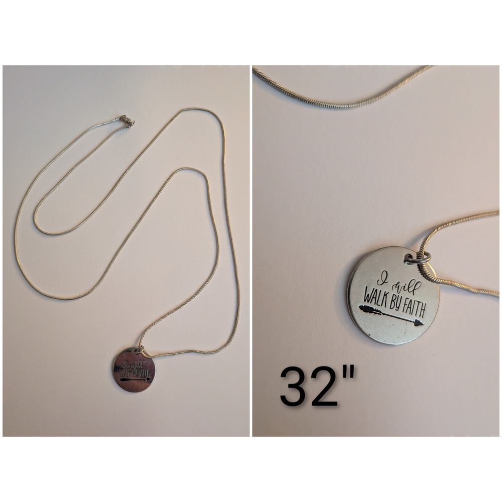 I Will Walk By Faith Silver Tone Round Disc Pendant 32 Inch Snake Chain Necklace